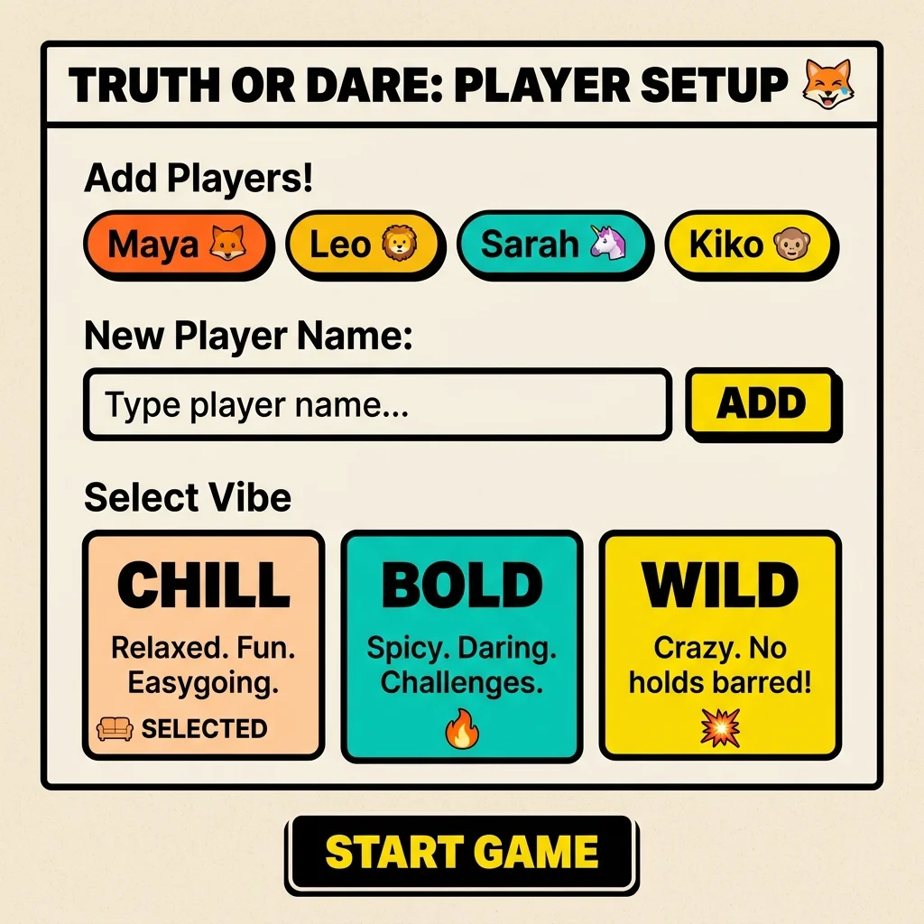Setup Screen Screenshot - Add players and choose vibes